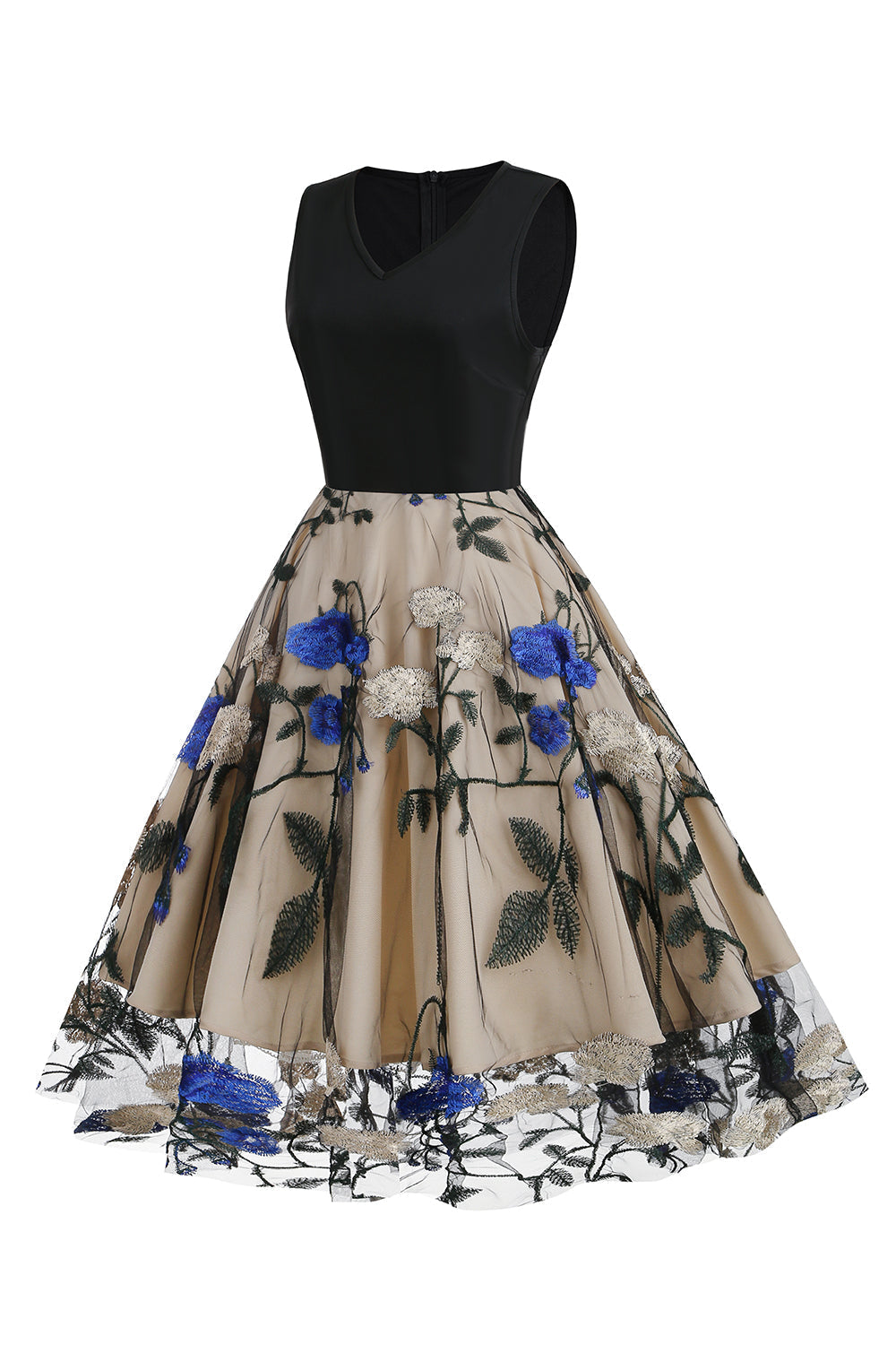 Robe Swing années 50 bleue avec broderie