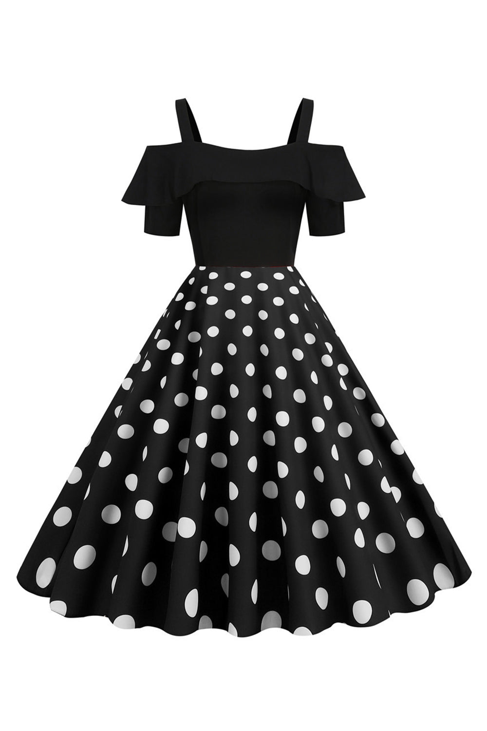 Robe Noire à Pois Épaules Dénudées Années 50