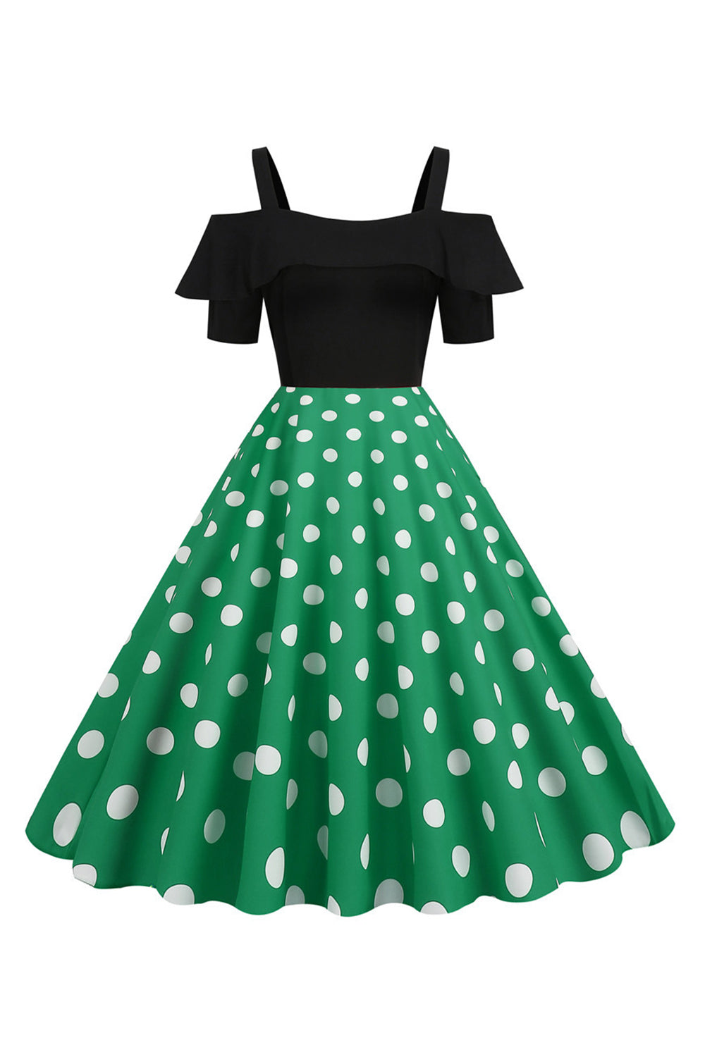 Robe Noire à Pois Épaules Dénudées Années 50