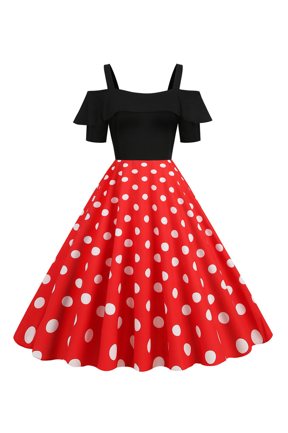 Robe Noire à Pois Épaules Dénudées Années 50