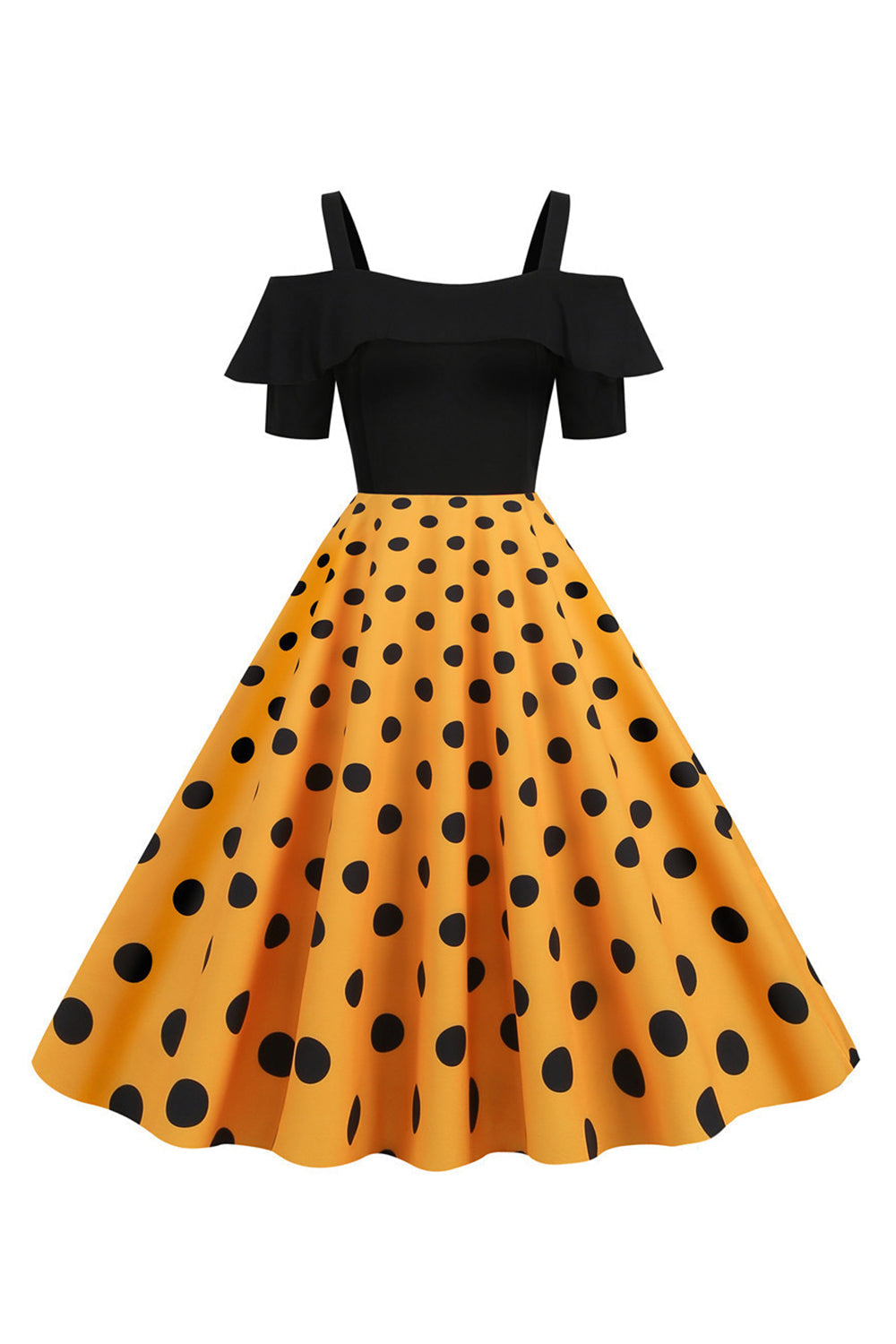 Robe Noire à Pois Épaules Dénudées Années 50