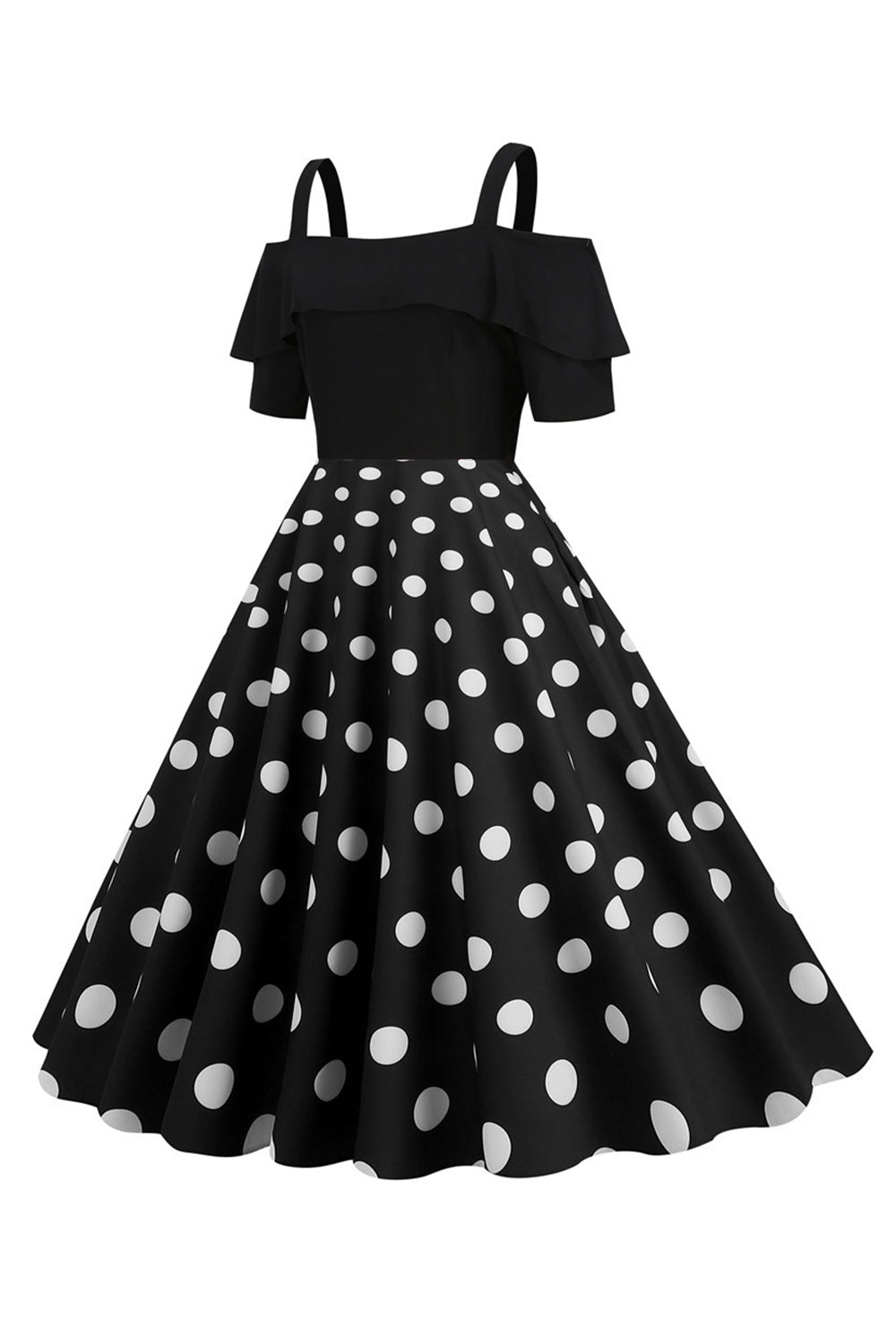 Robe Noire à Pois Épaules Dénudées Années 50