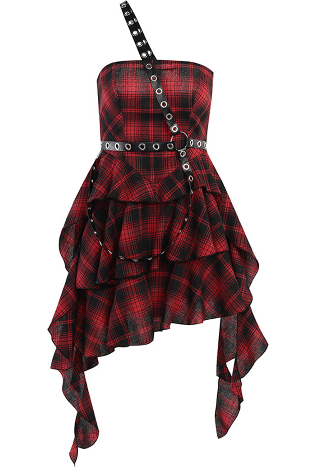 Robe asymétrique vintage rouge à carreaux et à une épaule