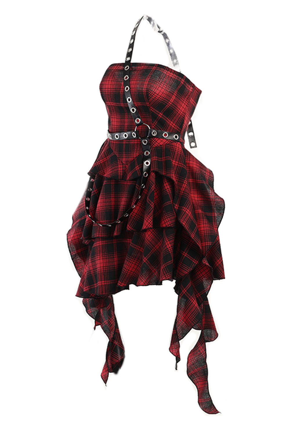 Robe asymétrique vintage rouge à carreaux et à une épaule