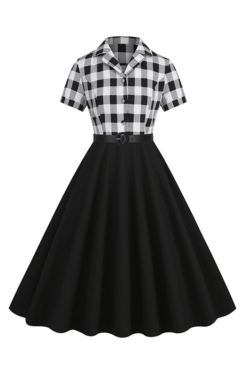 V-Neck Short Sleeves Plaid Black 1950s Dress with Belt