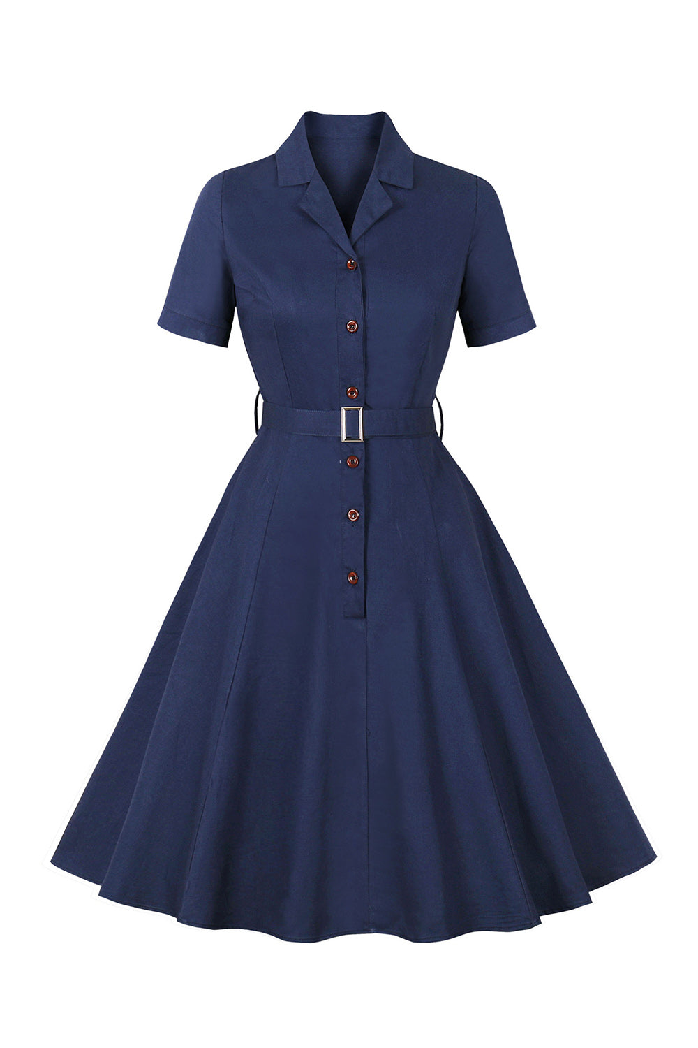 Robe boutonnée des années 50 à manches courtes bleu marine