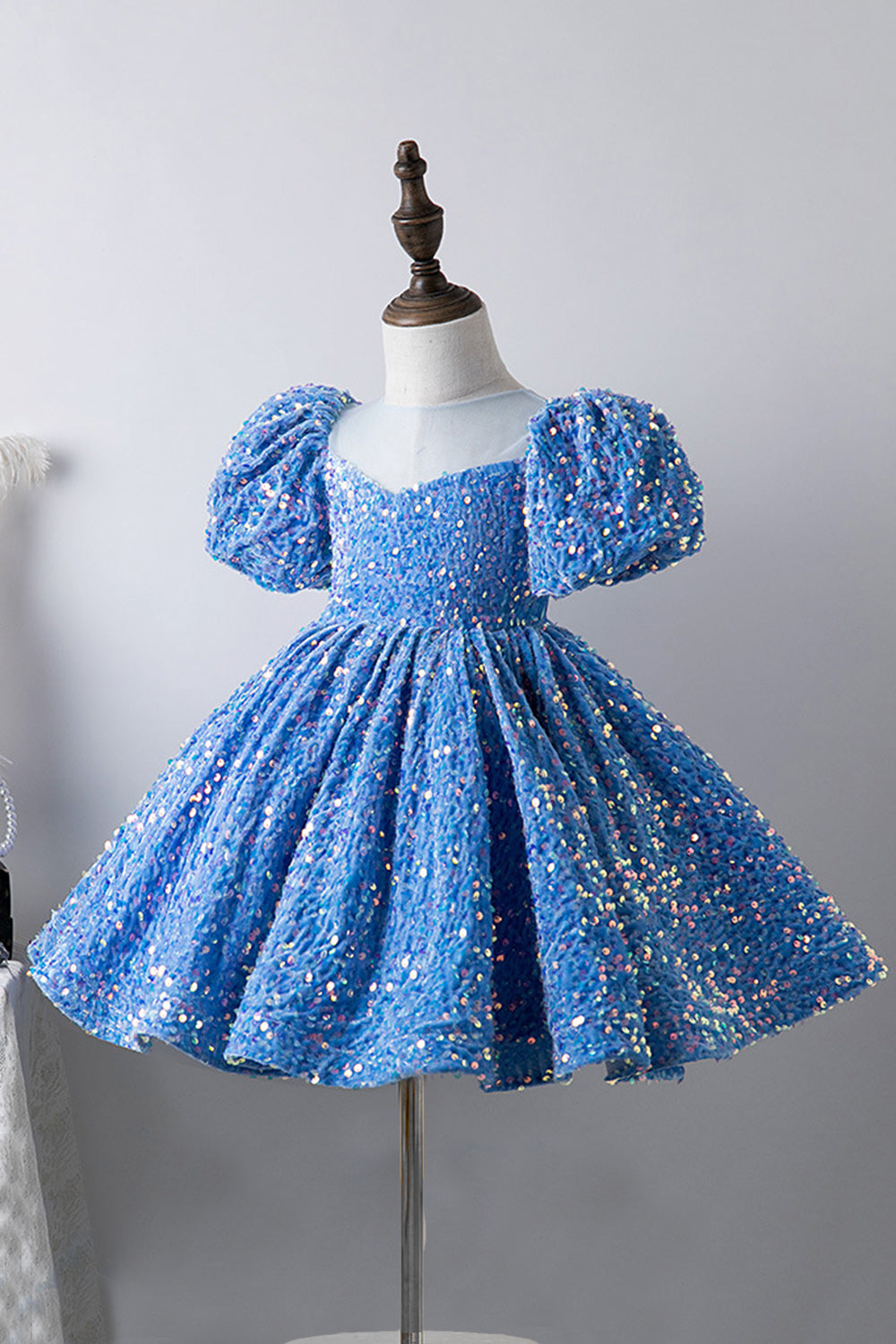 Robes Filles Bleu Manches Bouffantes Paillettes Coupe Trapèze