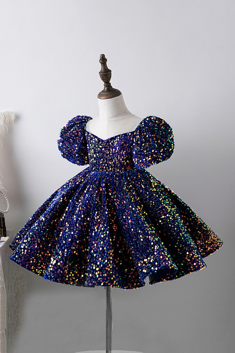 Robes Filles Bleu Manches Bouffantes Paillettes Coupe Trapèze