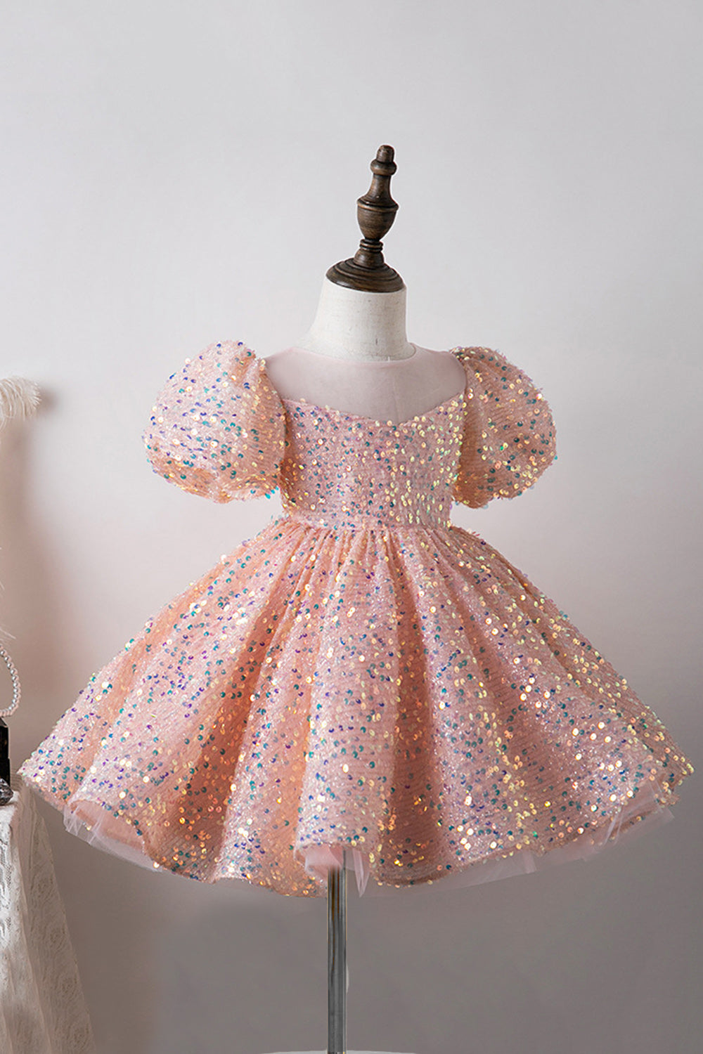 Robes Filles Bleu Manches Bouffantes Paillettes Coupe Trapèze