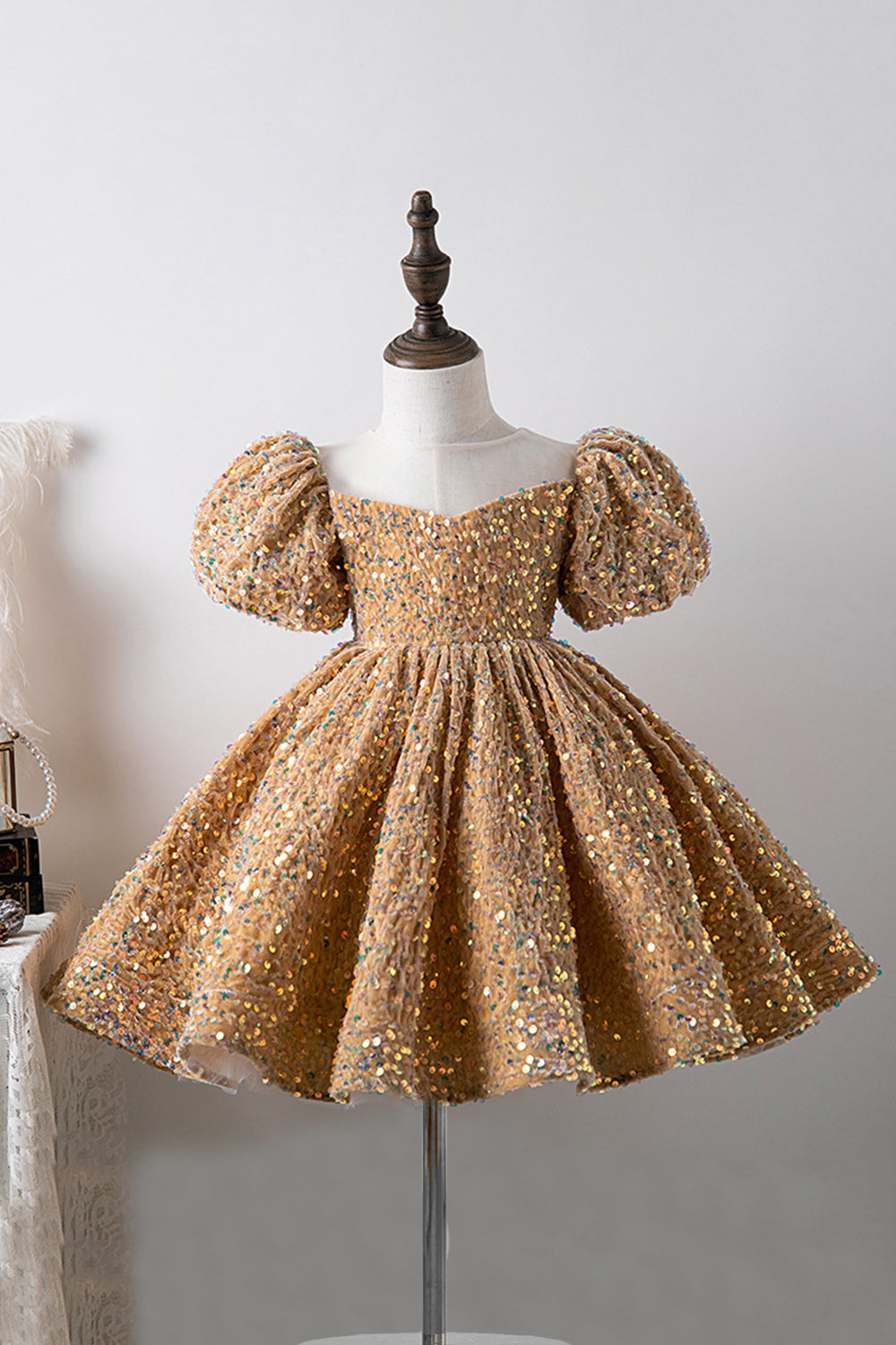 Robes Filles Bleu Manches Bouffantes Paillettes Coupe Trapèze