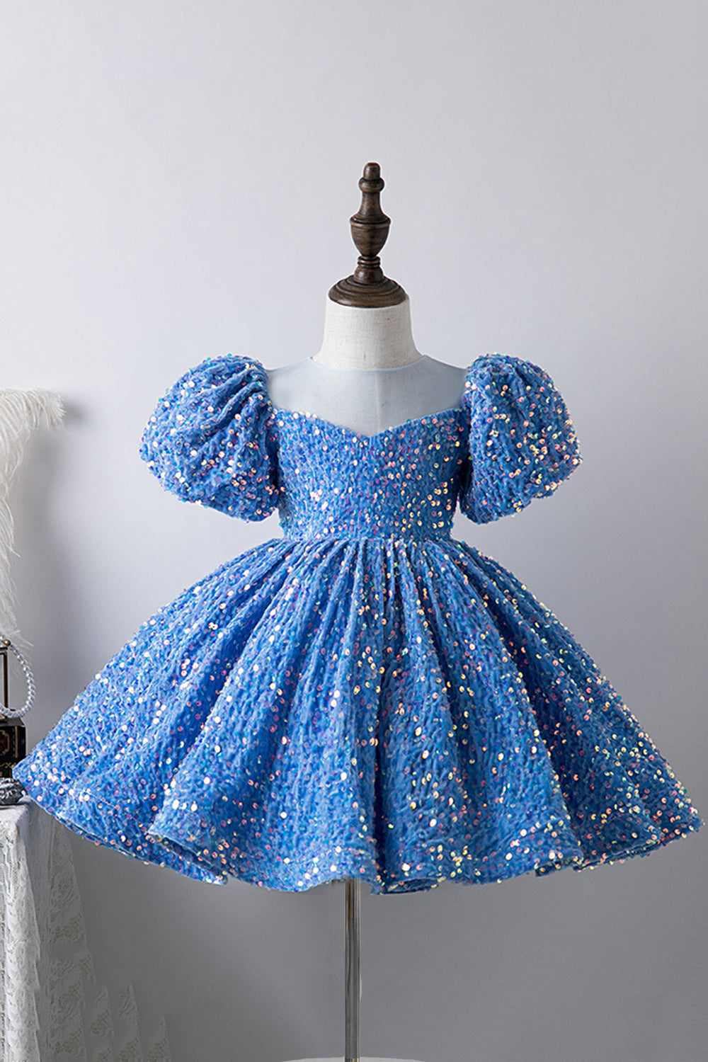 Robes Filles Bleu Manches Bouffantes Paillettes Coupe Trapèze