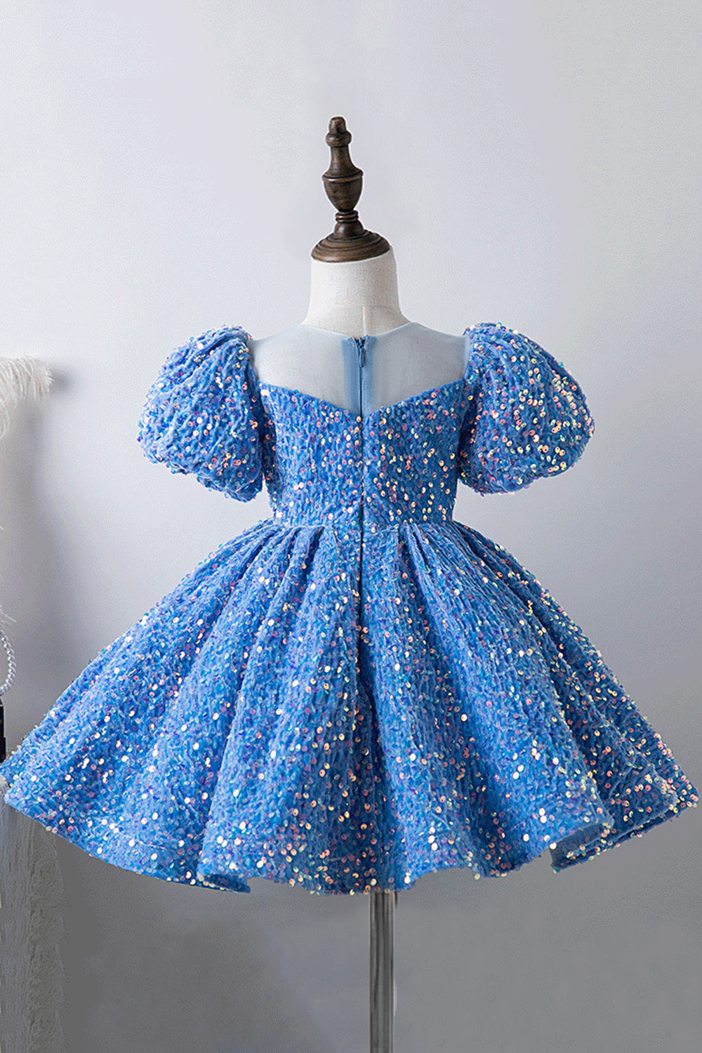 Robes Filles Bleu Manches Bouffantes Paillettes Coupe Trapèze