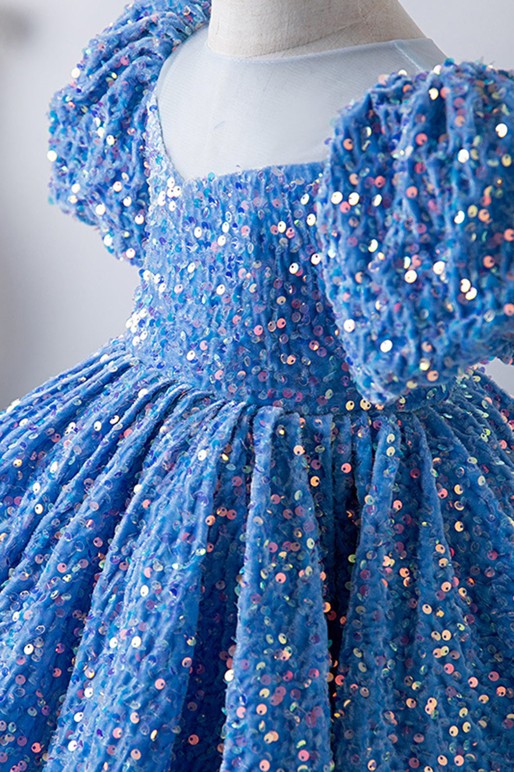 Robes Filles Bleu Manches Bouffantes Paillettes Coupe Trapèze