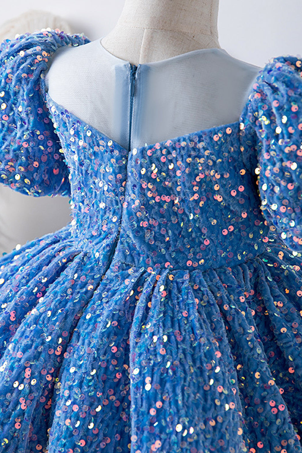 Robes Filles Bleu Manches Bouffantes Paillettes Coupe Trapèze