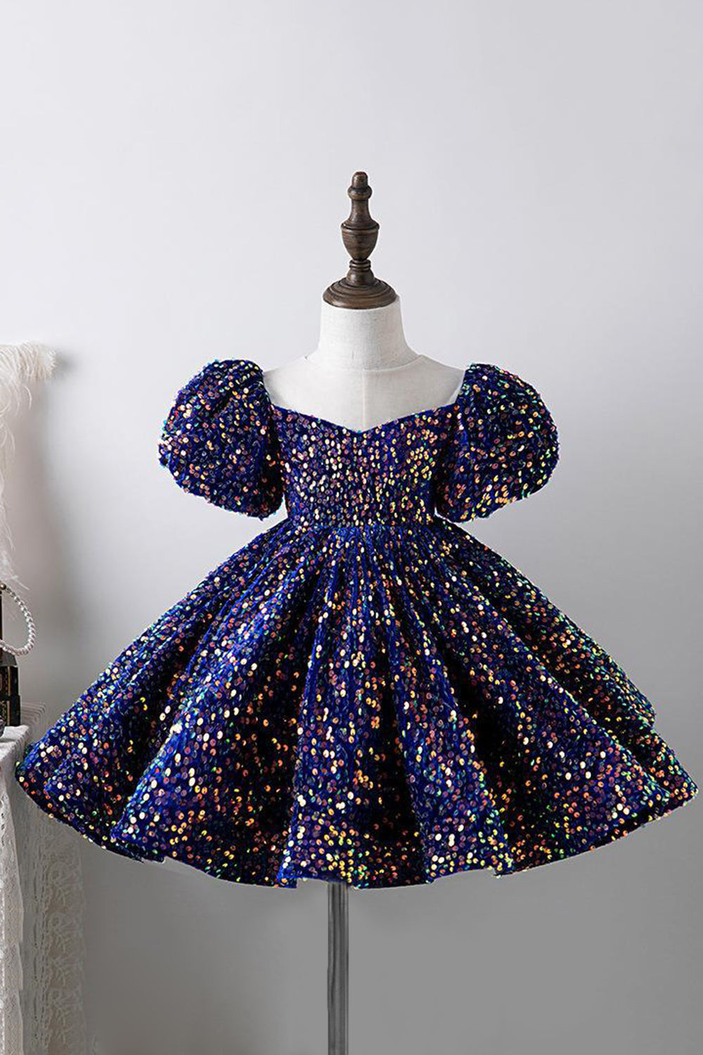 Robes Filles Bleu Manches Bouffantes Paillettes Coupe Trapèze