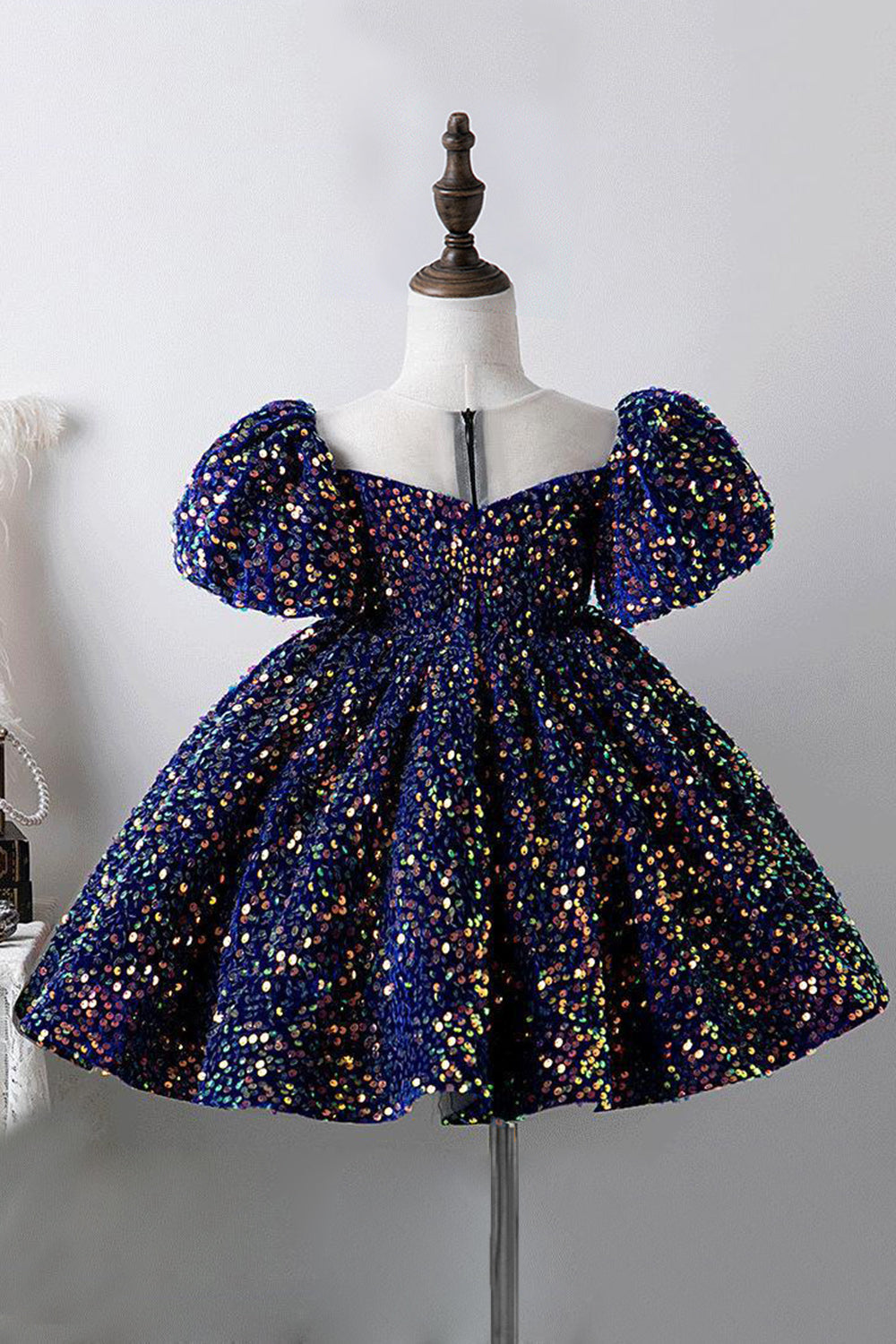Robes Filles Bleu Manches Bouffantes Paillettes Coupe Trapèze