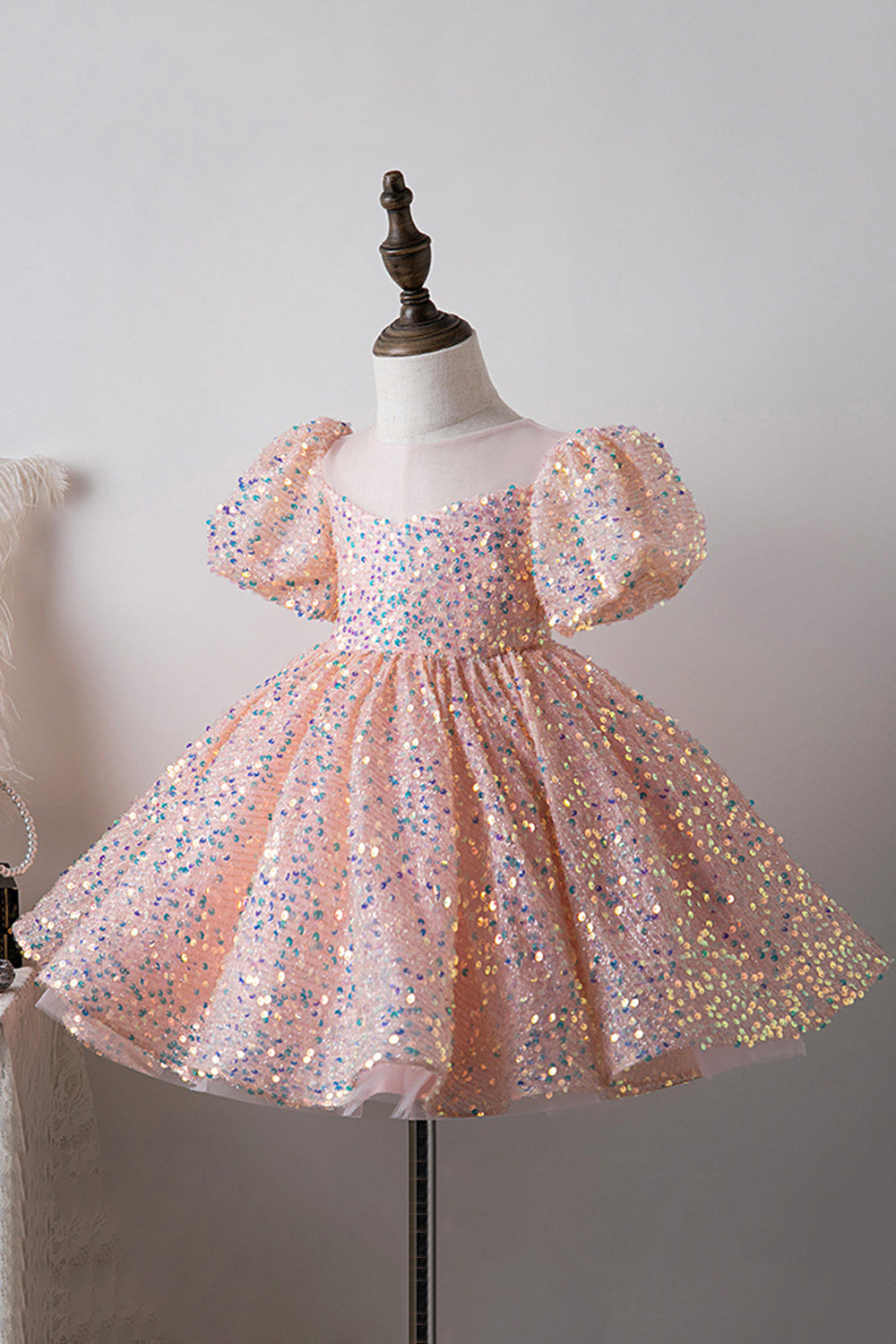 Robes Filles Bleu Manches Bouffantes Paillettes Coupe Trapèze