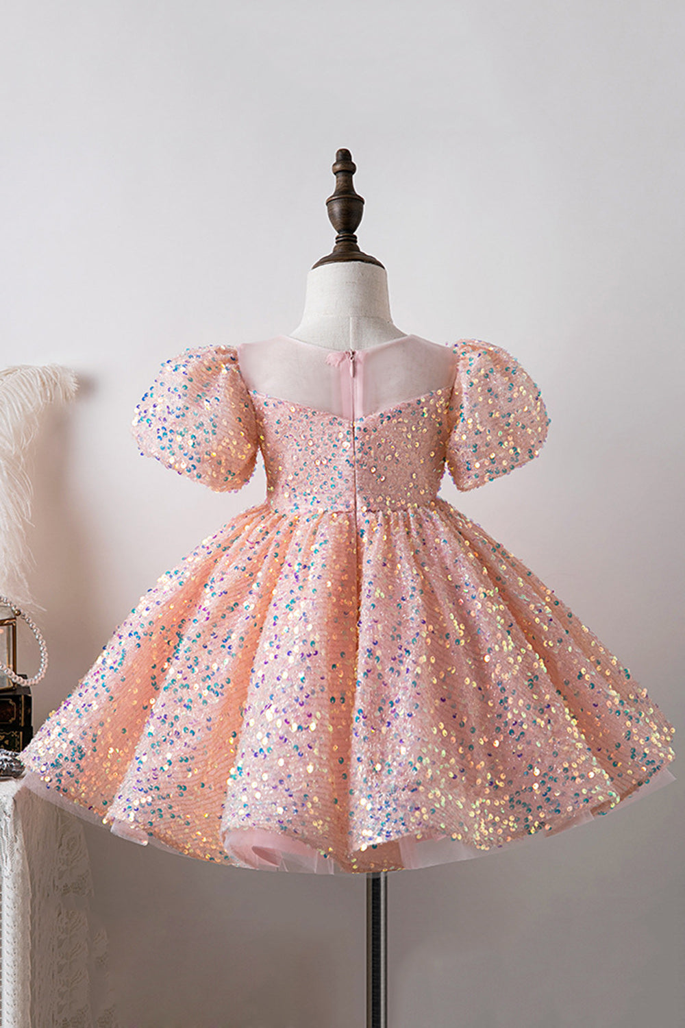 Robes Filles Bleu Manches Bouffantes Paillettes Coupe Trapèze