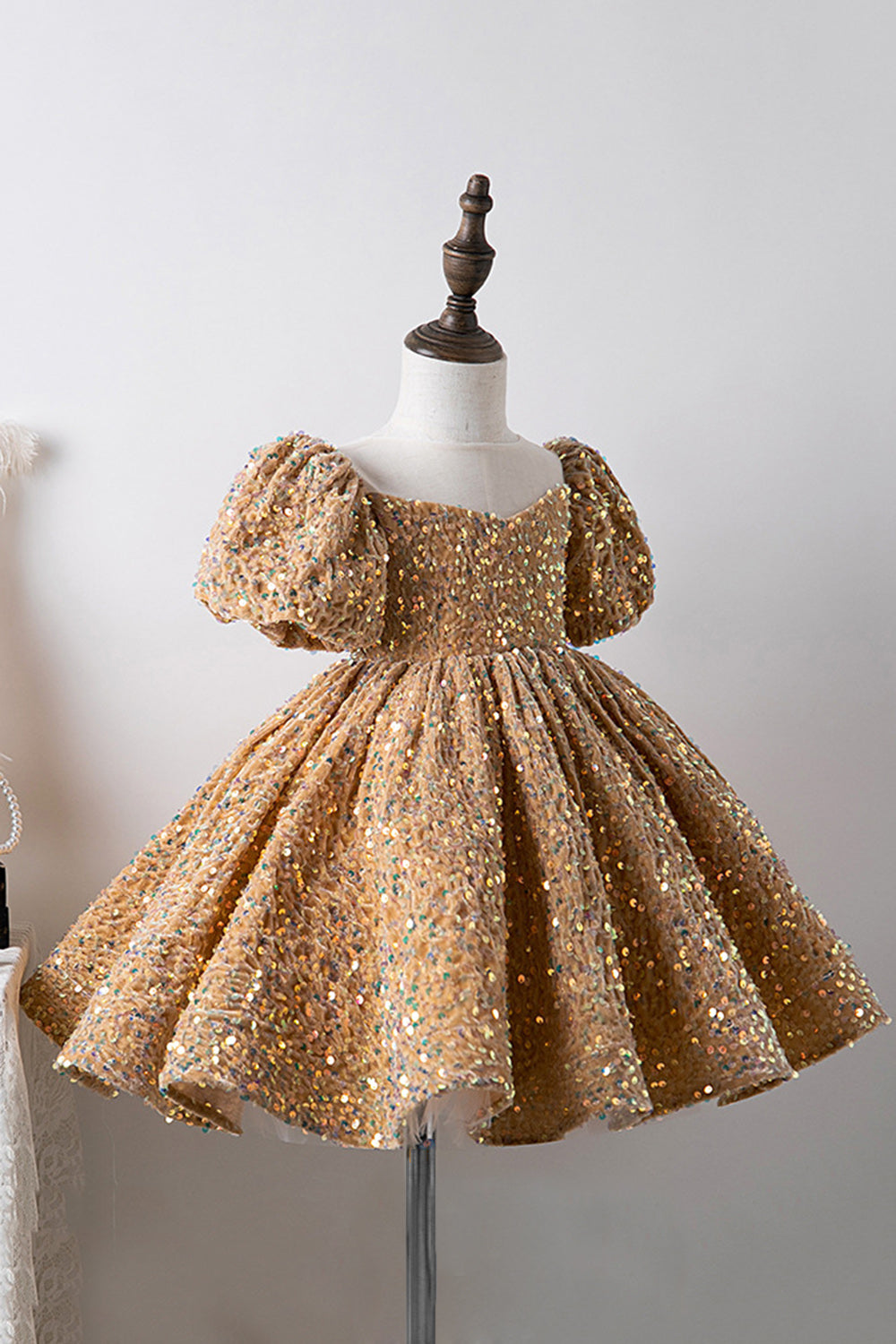 Robes Filles Bleu Manches Bouffantes Paillettes Coupe Trapèze