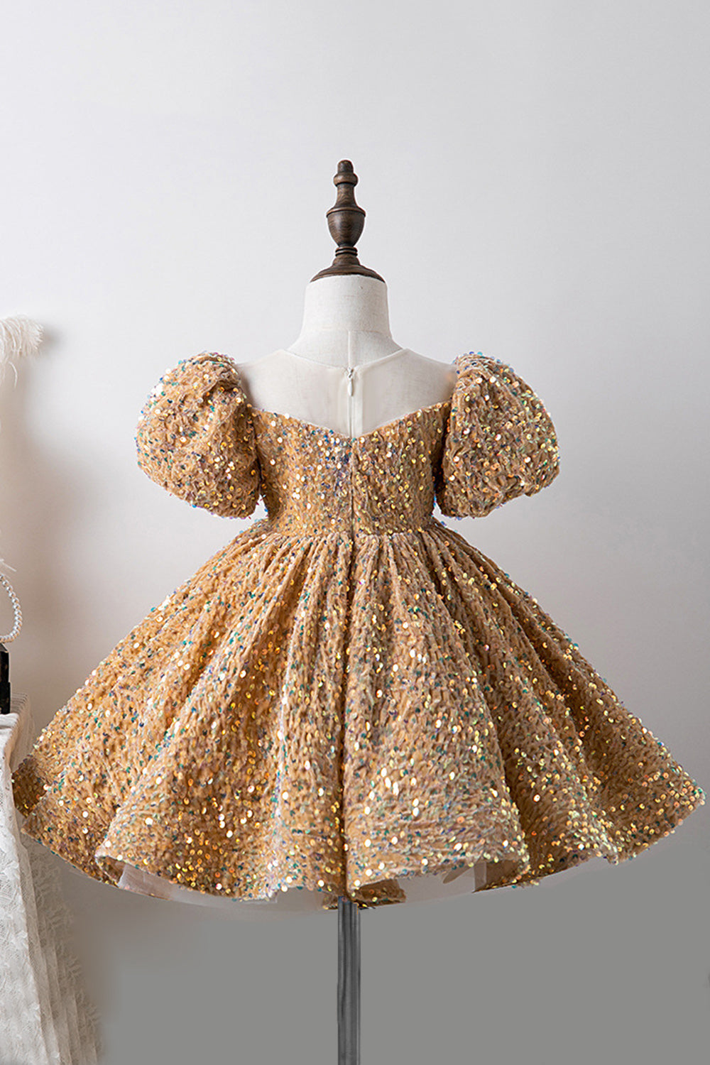 Robes Filles Bleu Manches Bouffantes Paillettes Coupe Trapèze