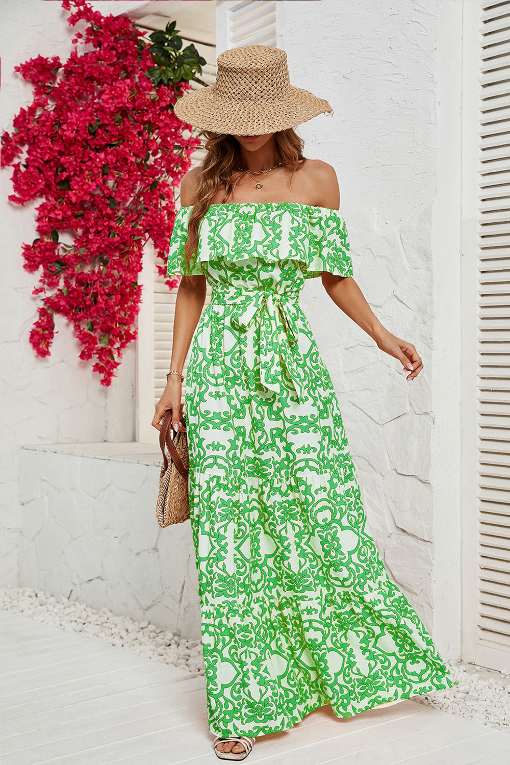Robe longue d'été imprimée jaune épaules dénudées