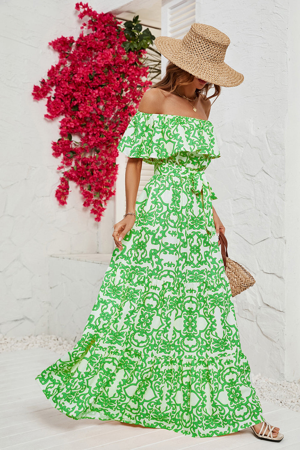 Robe longue d'été imprimée jaune épaules dénudées