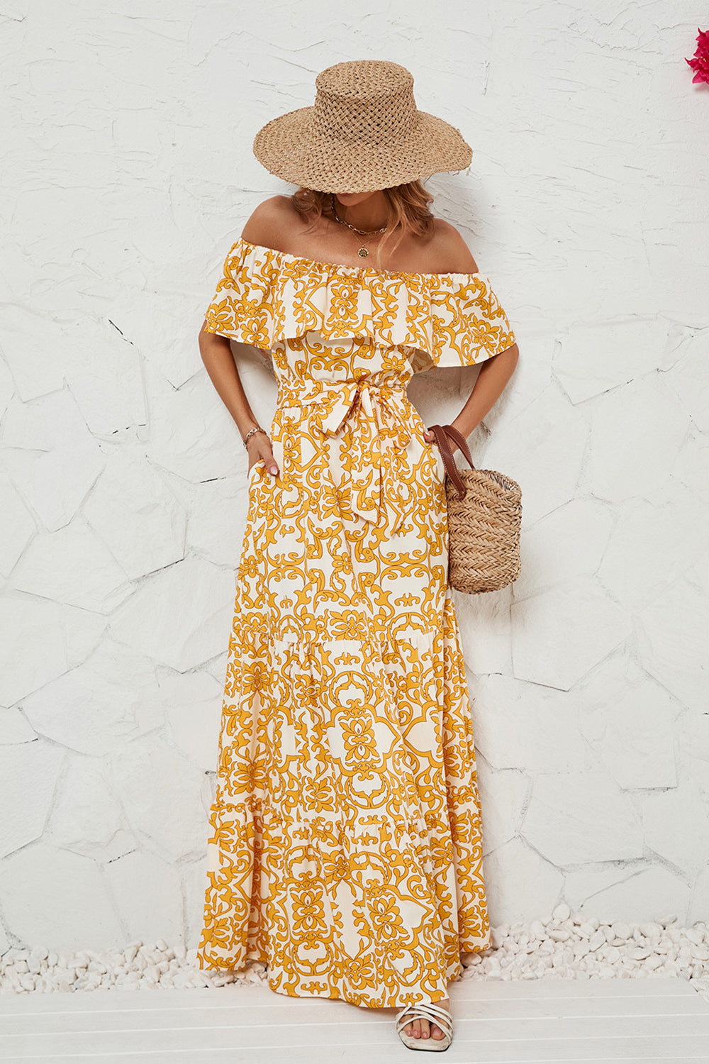 Robe longue d'été imprimée jaune épaules dénudées