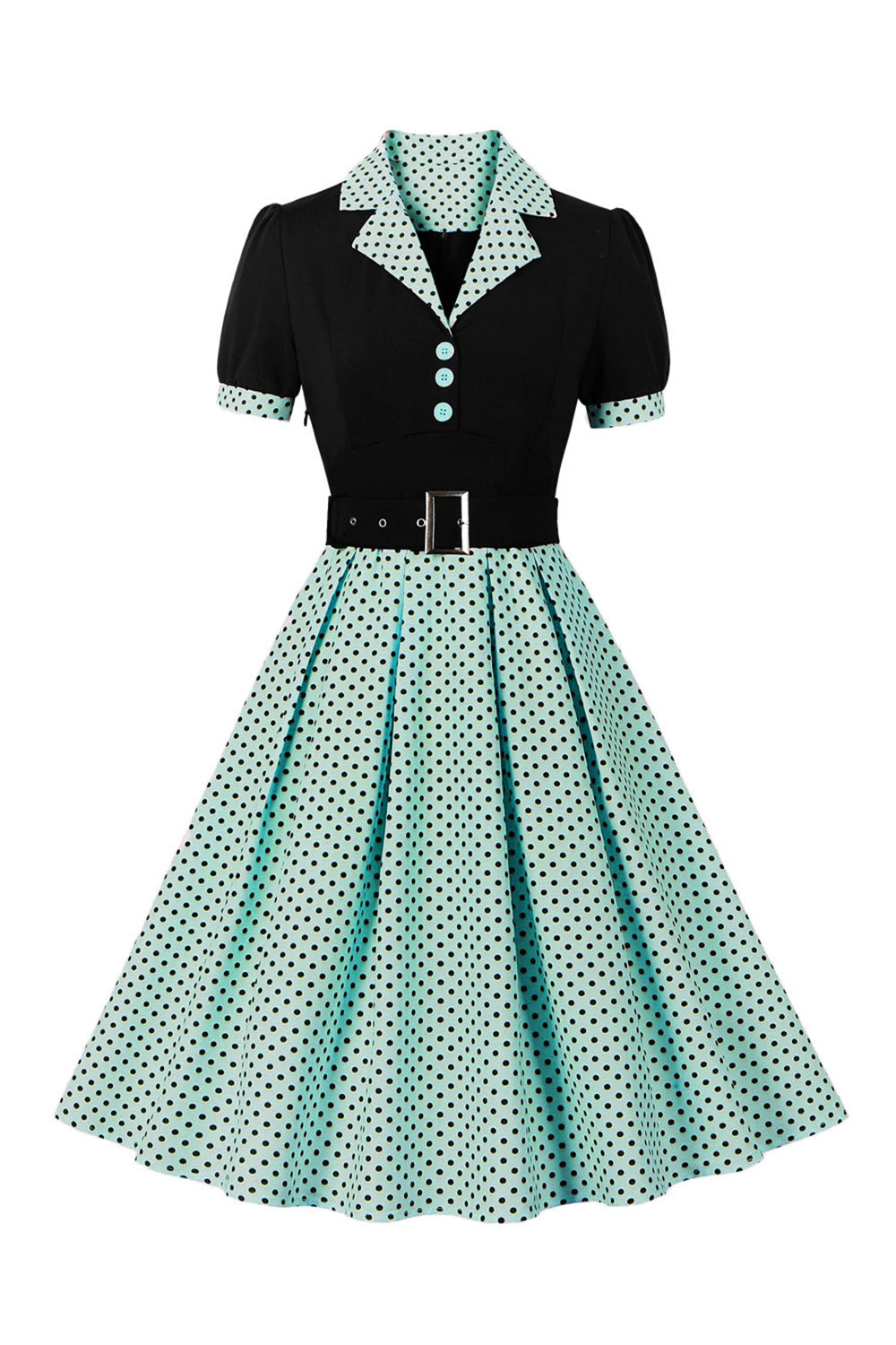 Robe Vert Manches Courtes Pois Années 50 Avec Ceinture