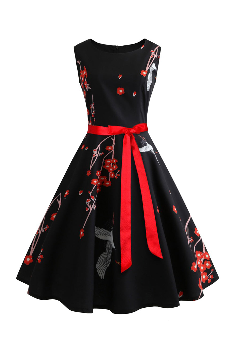 Robe vintage noire sans manches imprimée évasée