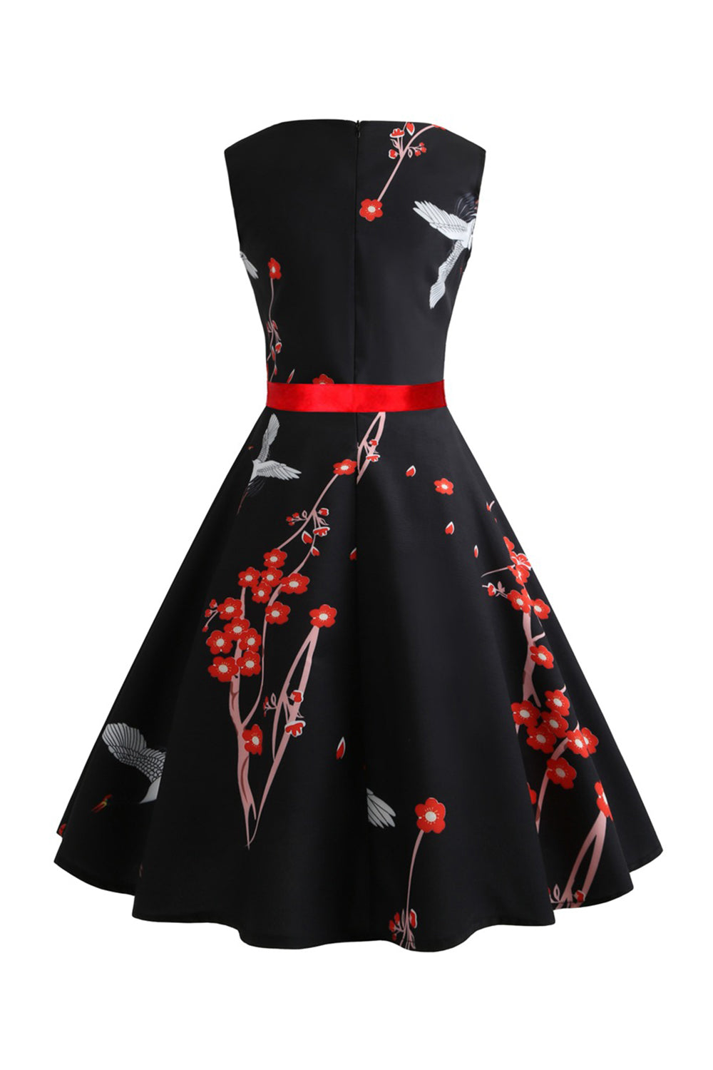 Robe vintage noire sans manches imprimée évasée