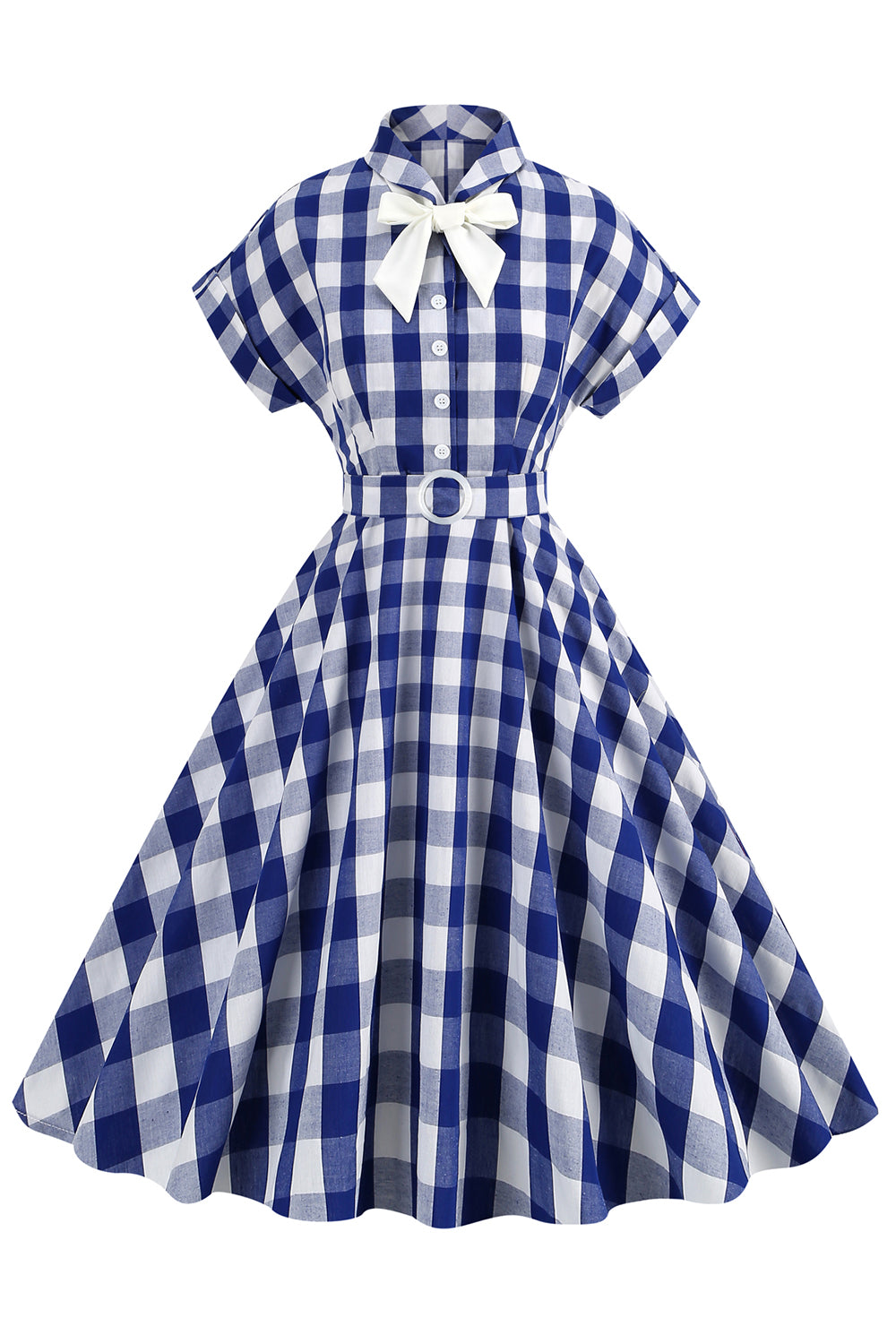 Robe écossaise rose avec nœud papillon et manches courtes, style années 50