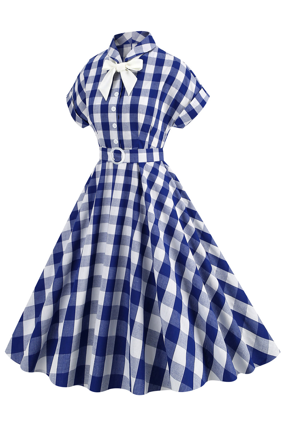 Robe écossaise rose avec nœud papillon et manches courtes, style années 50