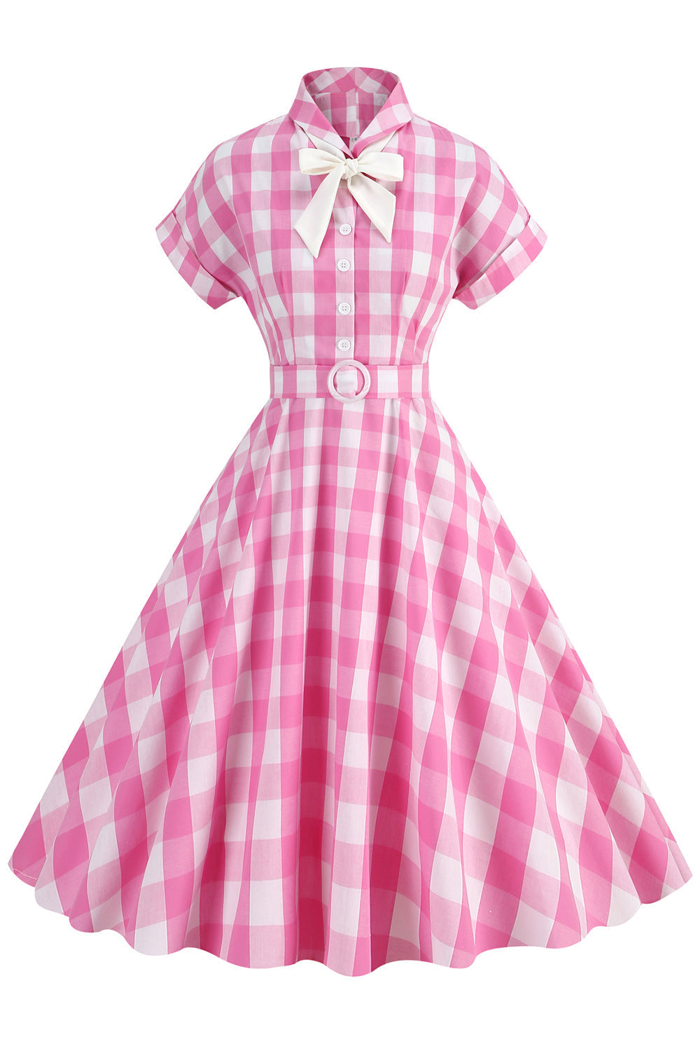 Robe écossaise rose avec nœud papillon et manches courtes, style années 50