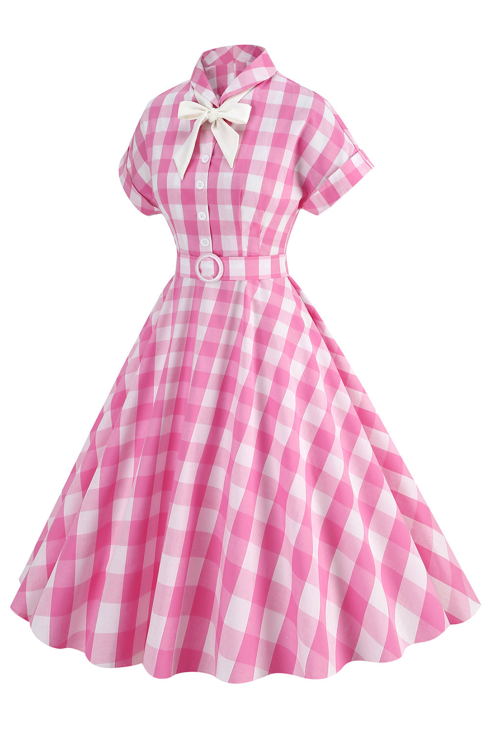 Robe écossaise rose avec nœud papillon et manches courtes, style années 50