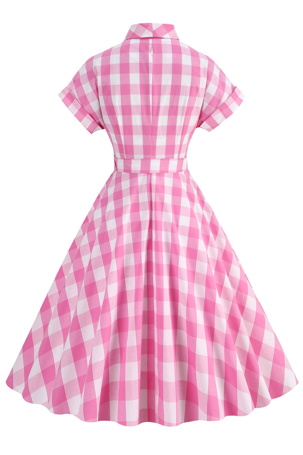 Robe écossaise rose avec nœud papillon et manches courtes, style années 50