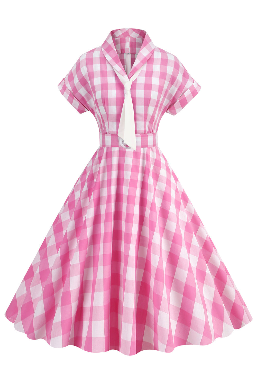 Robe écossaise rose avec nœud papillon et manches courtes, style années 50