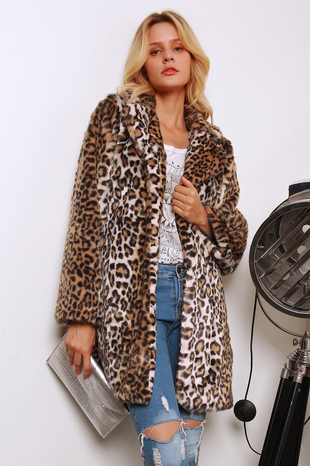 Manteau long en fausse fourrure pour femme à revers cranté et imprimé léopard marron