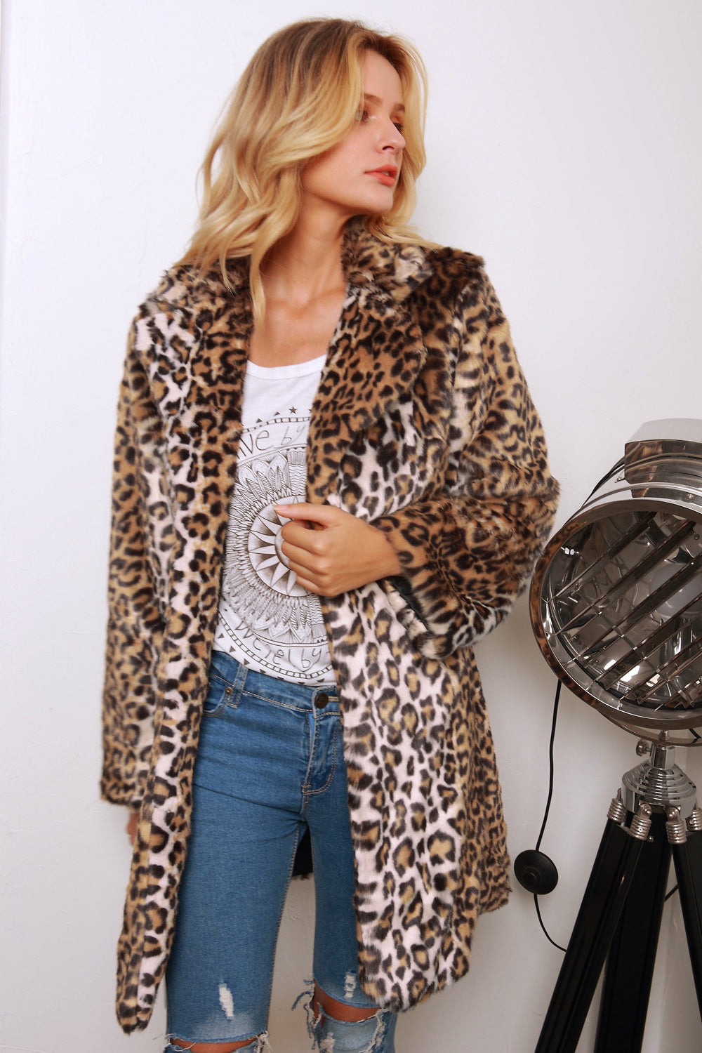 Manteau long en fausse fourrure pour femme à revers cranté et imprimé léopard marron