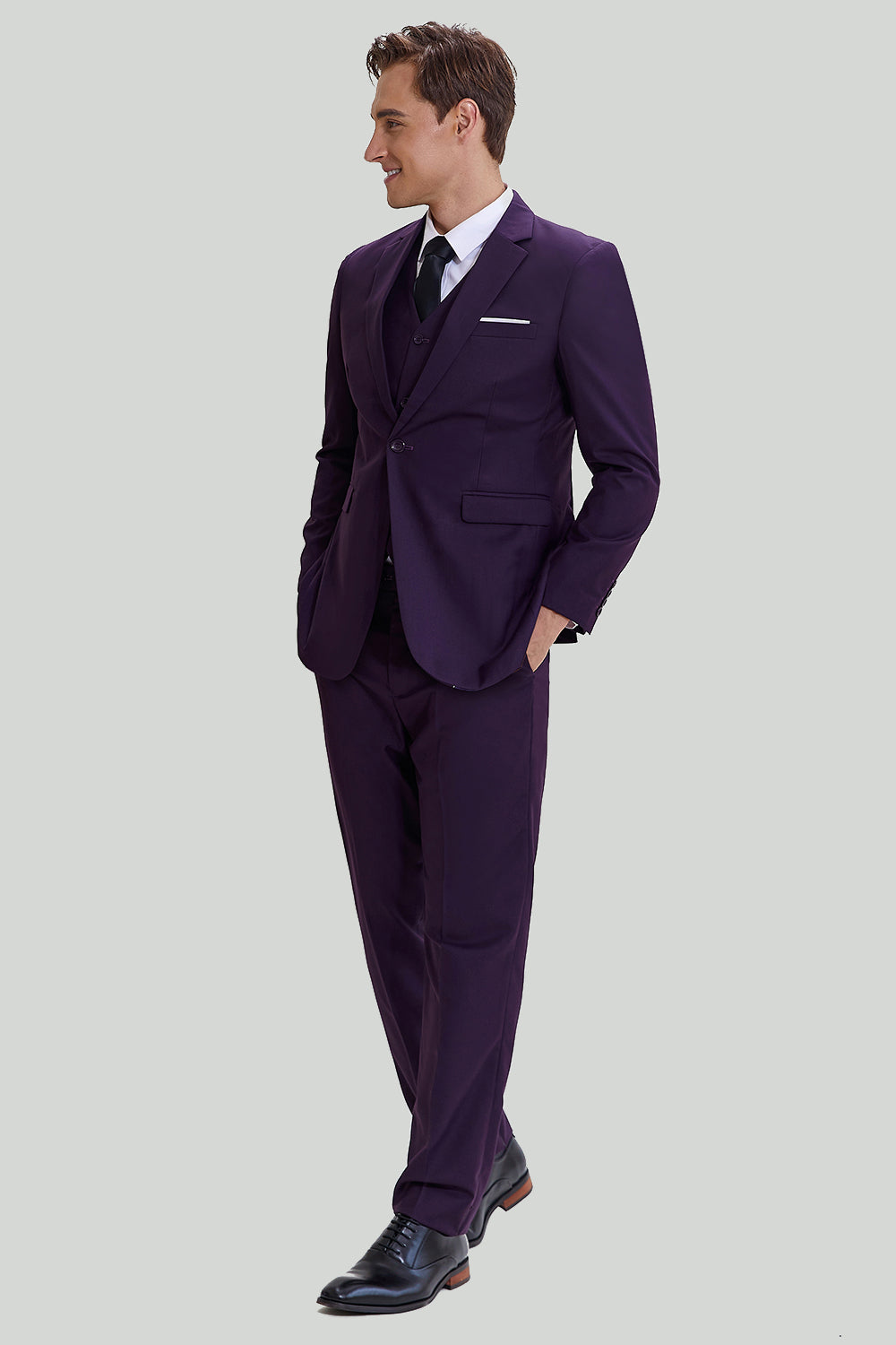 Costume de Mariage Homme 3 Pièces Revers Cranté Violet un Bouton