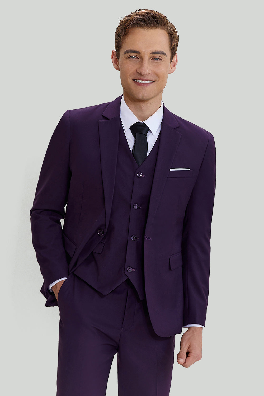 Costume de Mariage Homme 3 Pièces Revers Cranté Violet un Bouton