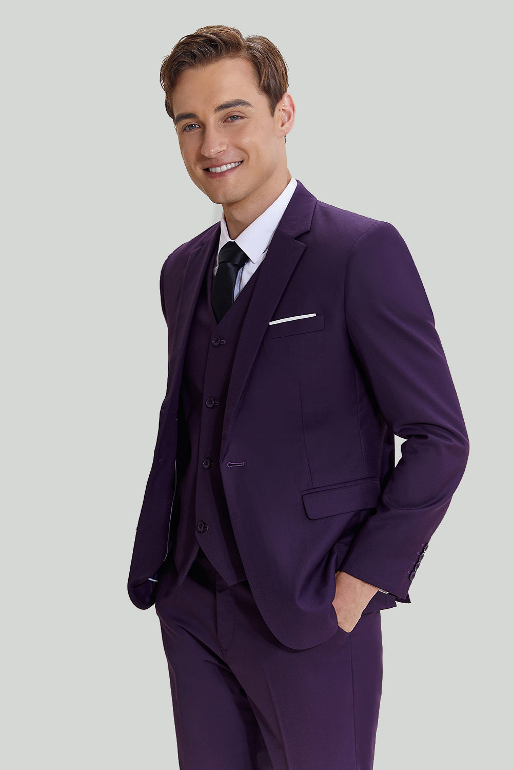 Costume de Mariage Homme 3 Pièces Revers Cranté Violet un Bouton