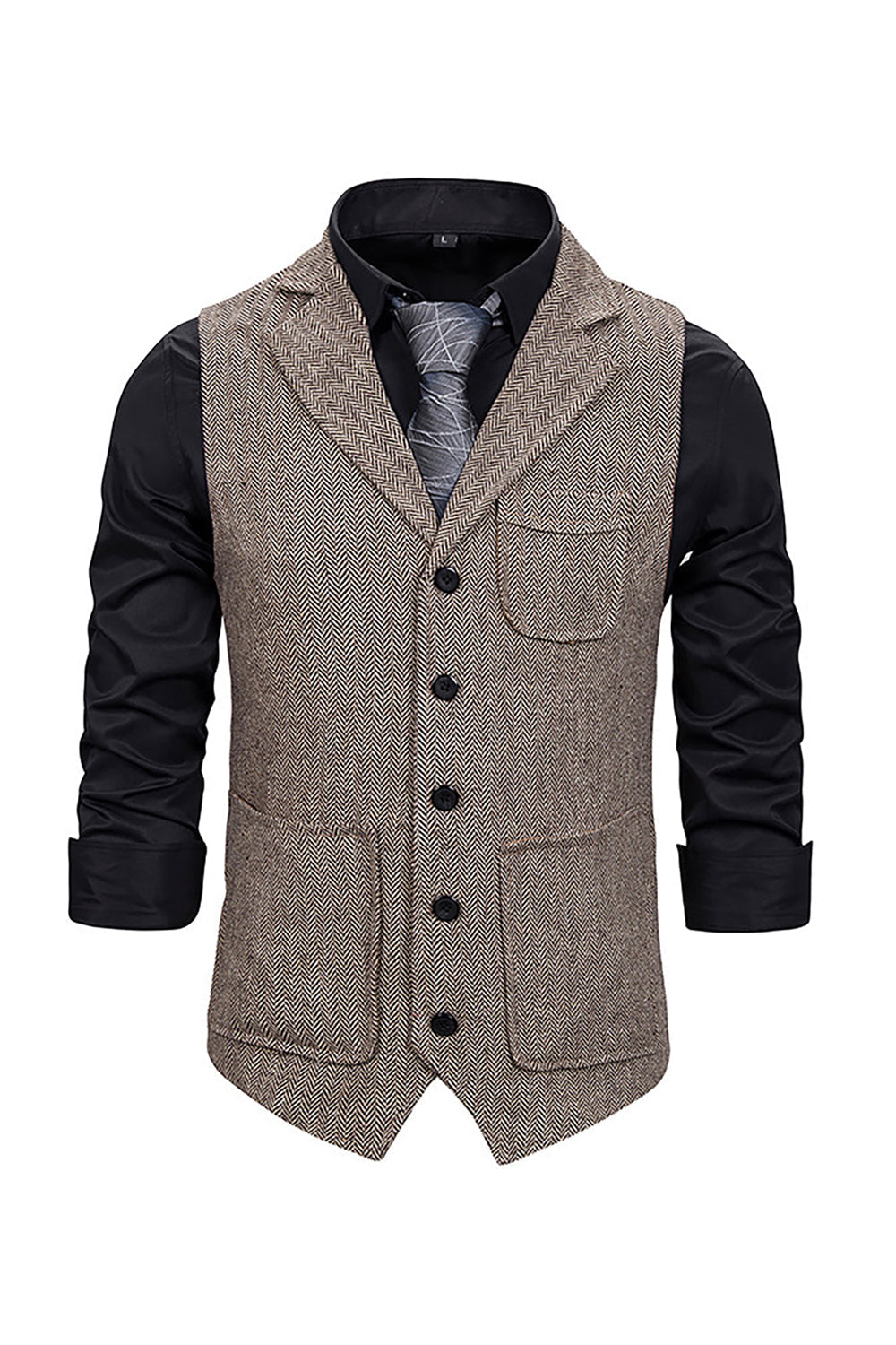 Gilet de costume homme marron en tweed à simple boutonnage et revers crantés