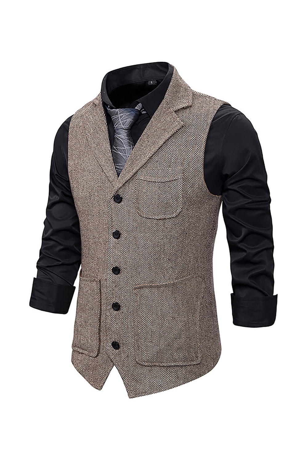 Gilet de costume homme marron en tweed à simple boutonnage et revers crantés