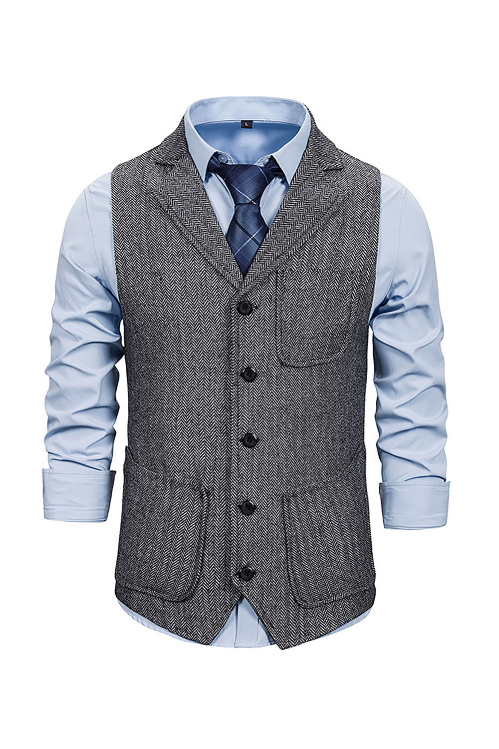 Gilet de costume homme marron en tweed à simple boutonnage et revers crantés