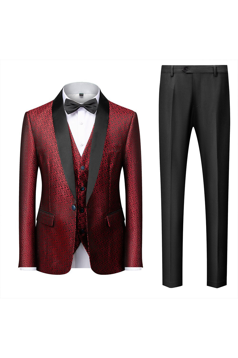 Costume 3 pièces jacquard à revers châle noir pour homme