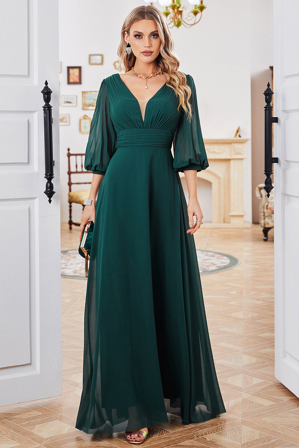 Dark Green A-line Long Sleeves V-Neck Choir Dress