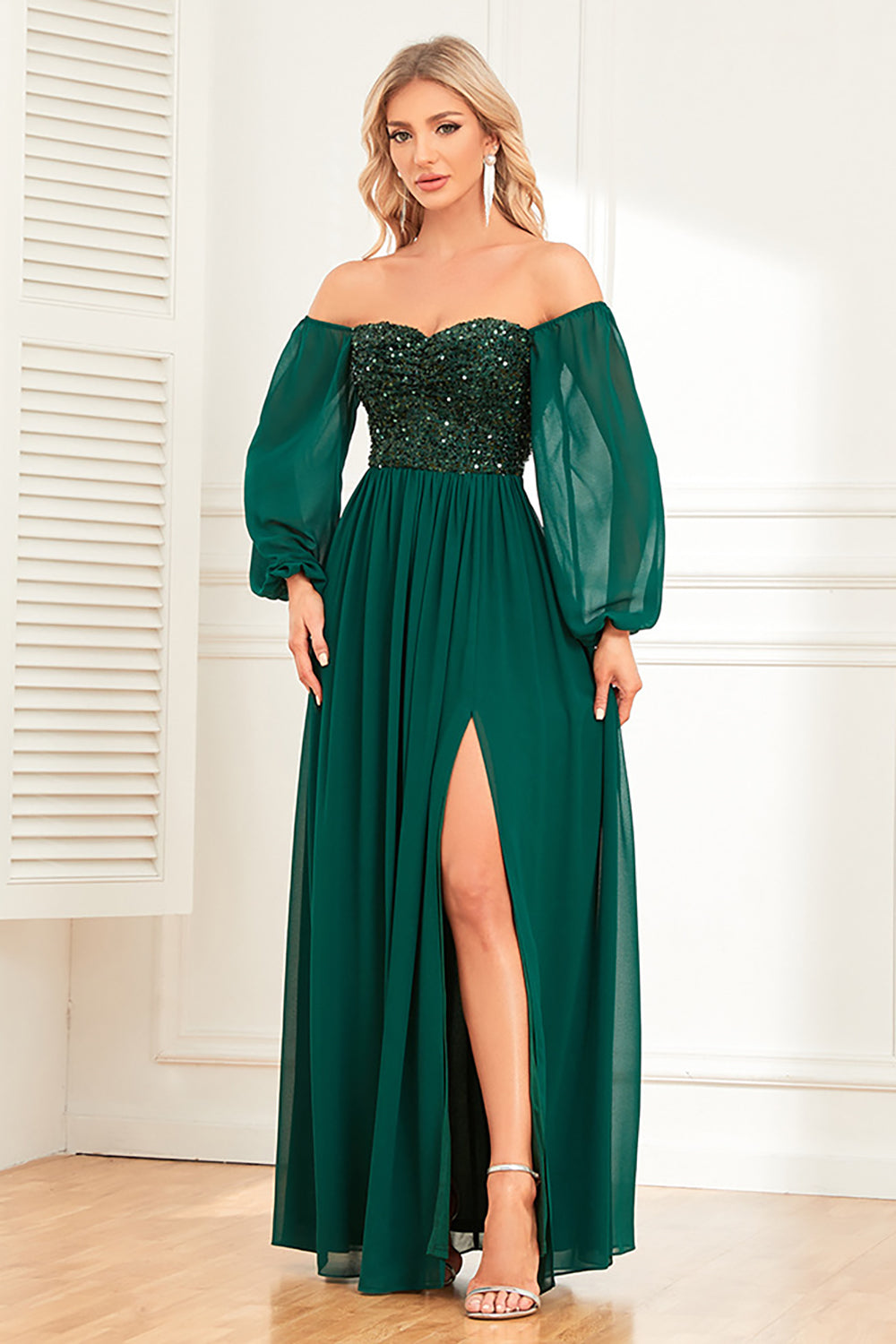Robe de soirée longue à manches longues Sparkly Sweetheart en pin à sequins