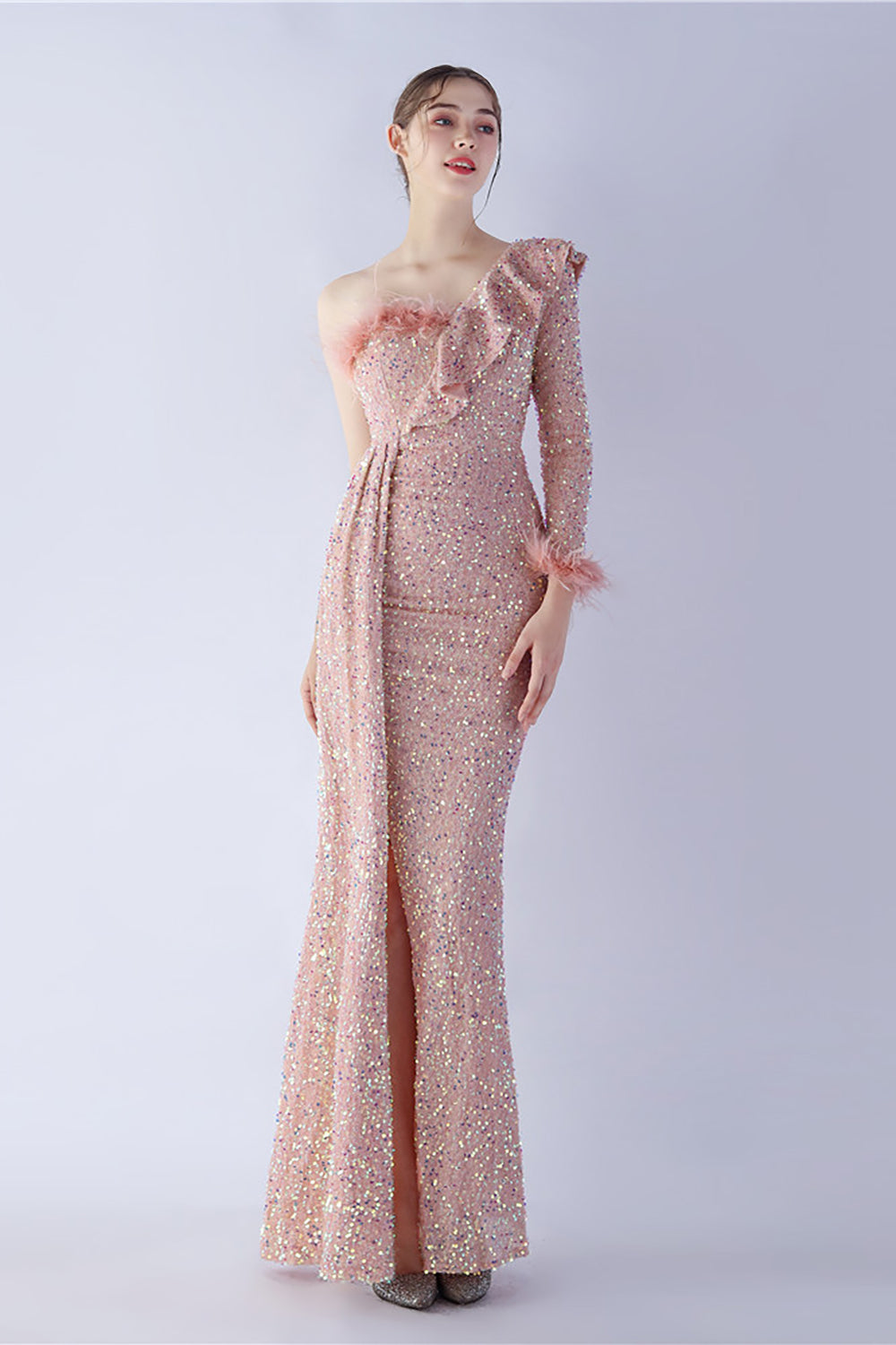 Mermaid One-Shoulder Sequin Formal Dress With Feathers
