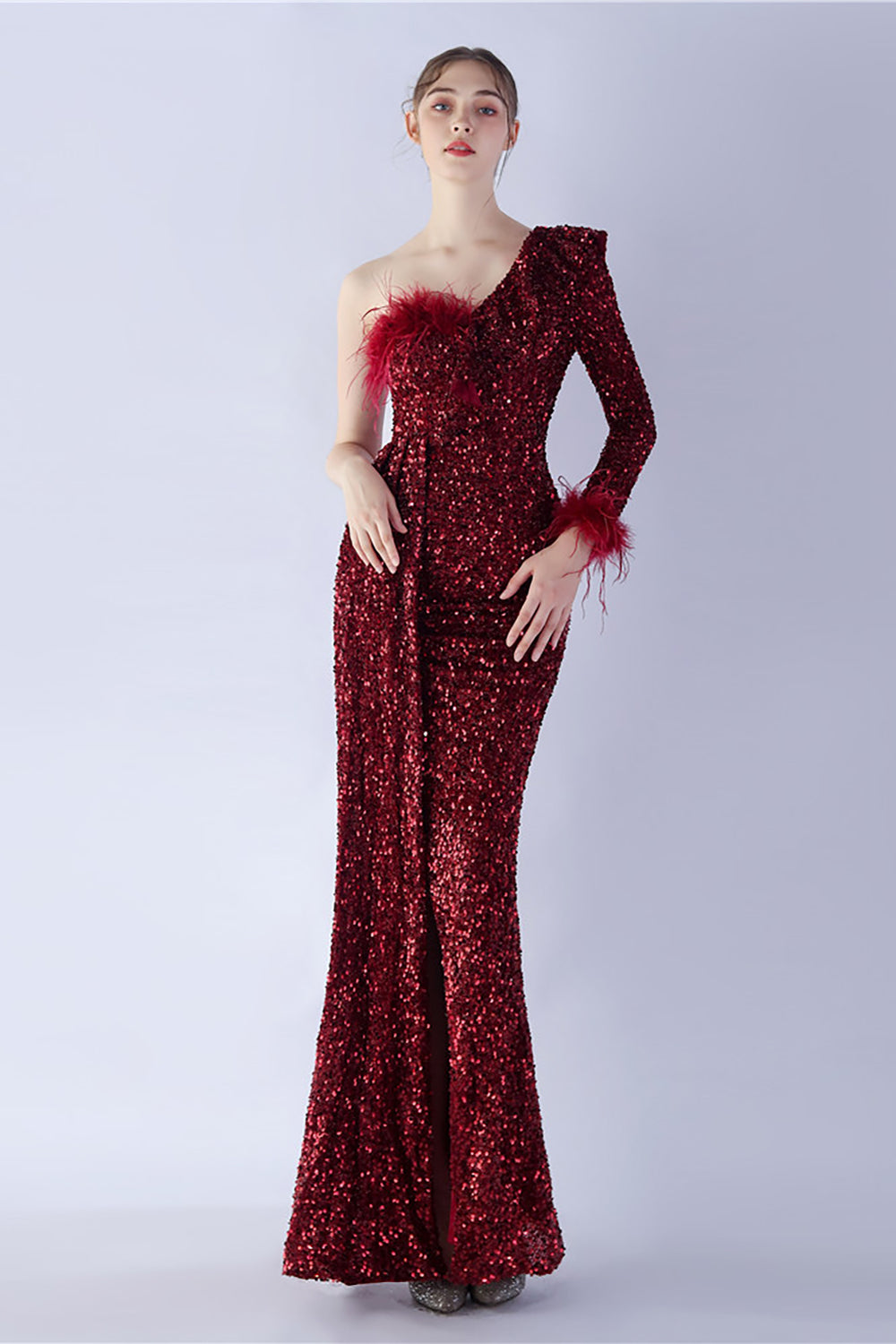 Mermaid One-Shoulder Sequin Formal Dress With Feathers