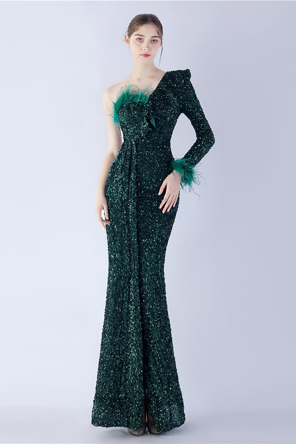 Mermaid One-Shoulder Sequin Formal Dress With Feathers